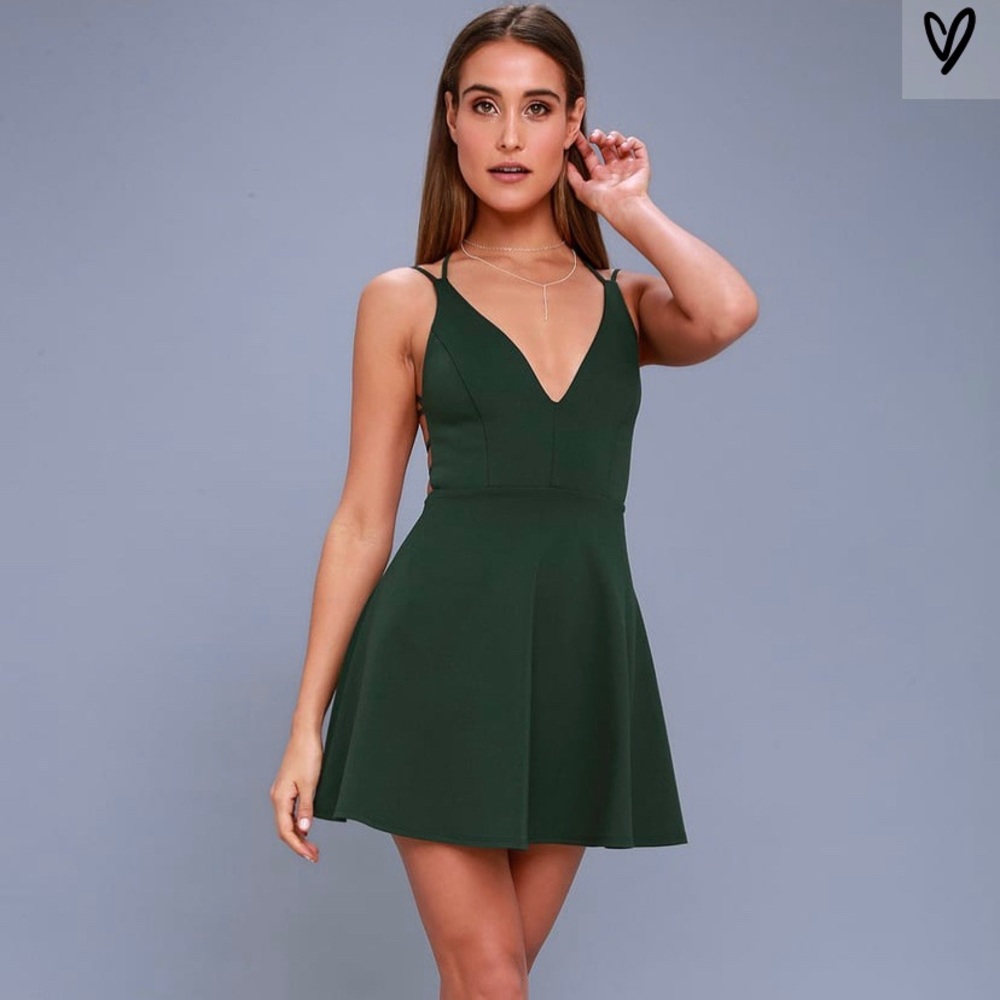 Lulus Forest Green Backless Skater Dress M